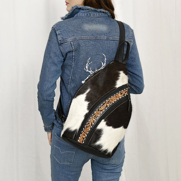 ADBG1514 American Darling Western Leather Sling Bag with Black & White Hair-On Cowhide & Hand-Tooled Accents