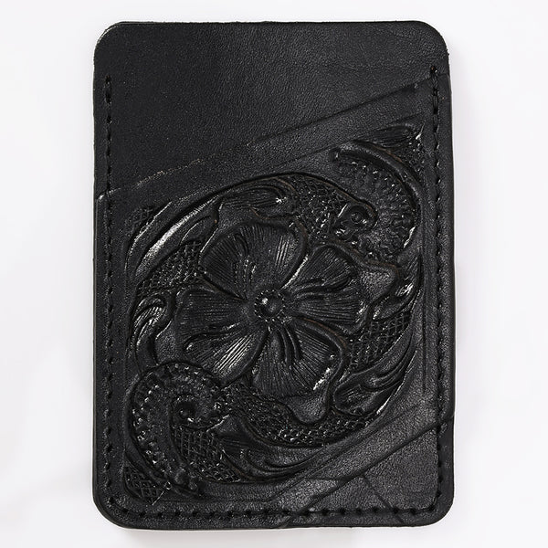 ADCCG108A Hand-Tooled Black Leather Card Holder - Western Floral Slim Vertical Wallet