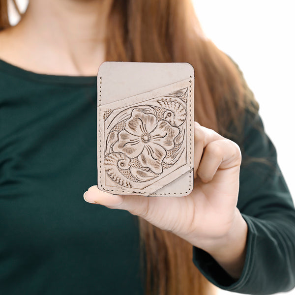 ADCCG108 Hand-Tooled Leather Card Holder - Western Floral Slim Vertical Wallet