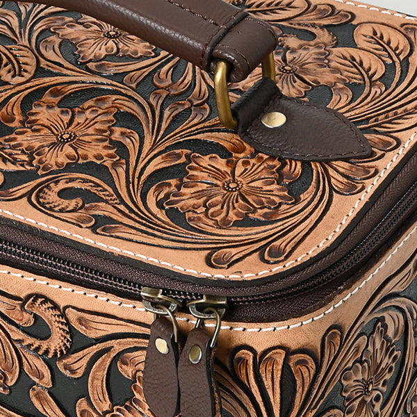 ADBGA576 American Darling Hand-Tooled Leather Jewelry Case with Zip Closure and Top Handle
