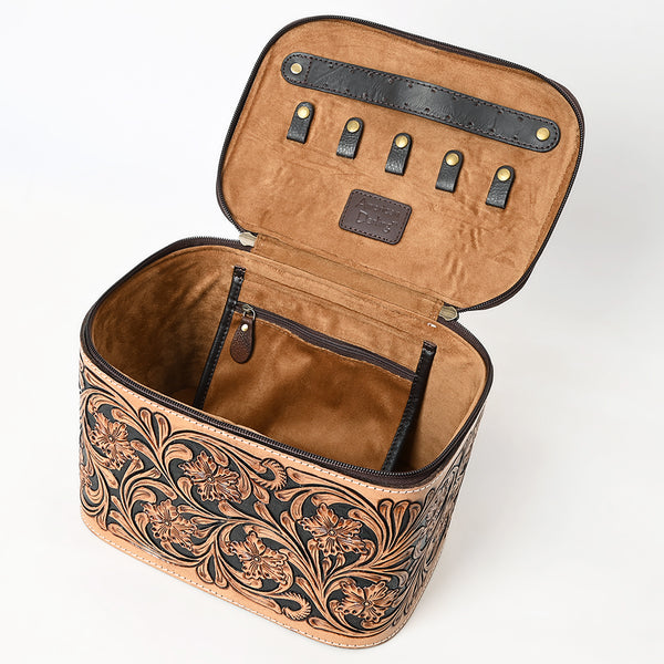 ADBGA576 American Darling Hand-Tooled Leather Jewelry Case with Zip Closure and Top Handle