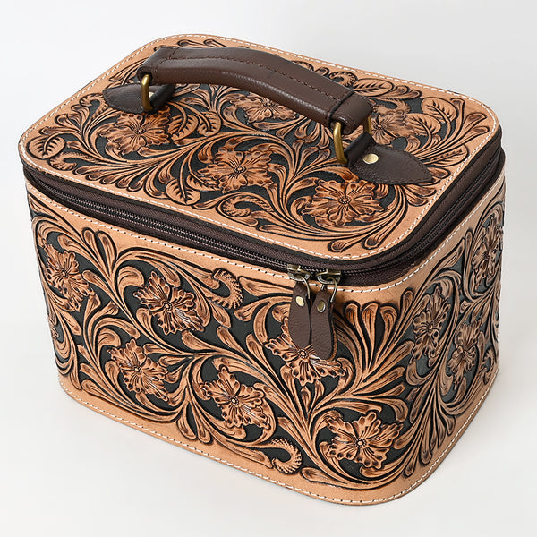 ADBGA576 American Darling Hand-Tooled Leather Jewelry Case with Zip Closure and Top Handle