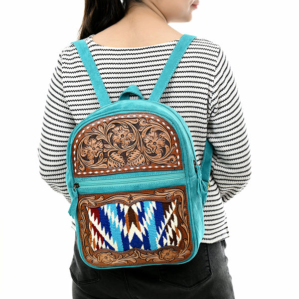 ADBGA581 Hand-Tooled Leather & Wool Backpack Genuine Western Turquoise Bag for Women