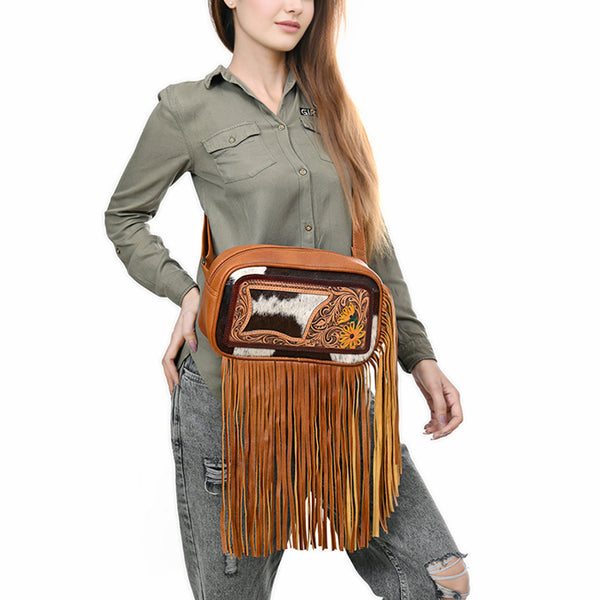 ADBG1524 American Darling Western Leather Fanny Pack Tooled Floral and Hair-on Cowhide