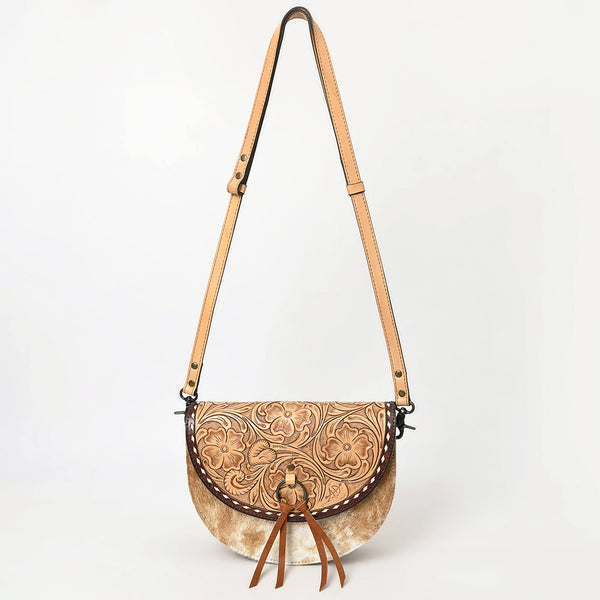 ADBG1529 American Darling Western Leather Small Crossbody Bag with Hair-On Cowhide & Hand-Tooled Floral Design