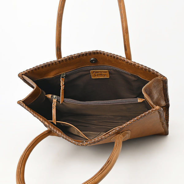 ADBGM301 Classic Western Leather Tote - Structured Caramel-Trimmed Handbag with Braided Edge