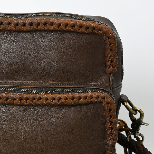 ADBGM354 Leather Fringe Crossbody Bag - Dual Pocket Western Braided Mini Purse