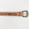 LC-ADBLF258 Tan Floral Tooled Leather Belt with Turquoise Accents and Whipstitch Edge