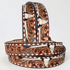 ADBLF261 Cow Skull Tooled Leather Western Belt with Turquoise Studs and Whipstitch