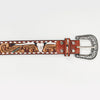 ADBLF261 Cow Skull Tooled Leather Western Belt with Turquoise Studs and Whipstitch