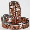 ADBLF261 Cow Skull Tooled Leather Western Belt with Turquoise Studs and Whipstitch