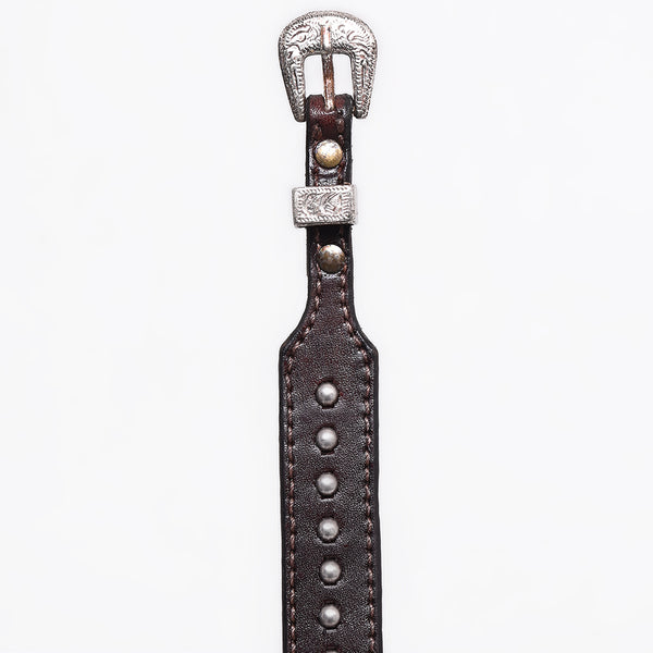 ADHTBR103 Western Studded Brown Leather Hatband with Engraved Silver Buckle