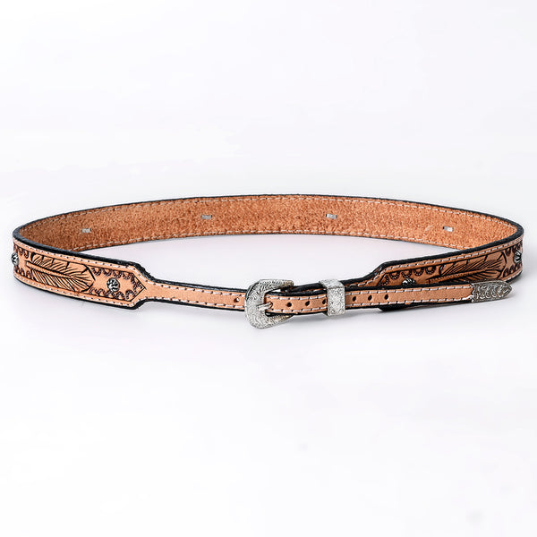 ADHTBR108 Tooled Natural Leather Western Hatband with Feather Pattern & Silver Buckle