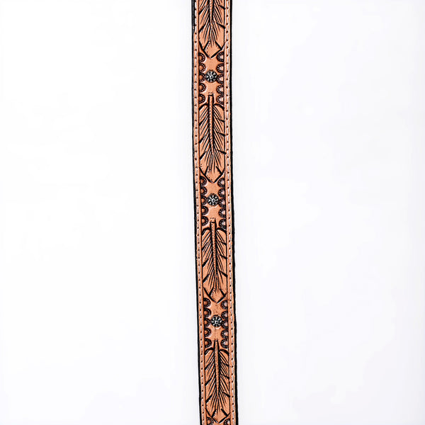ADHTBR108 Tooled Natural Leather Western Hatband with Feather Pattern & Silver Buckle