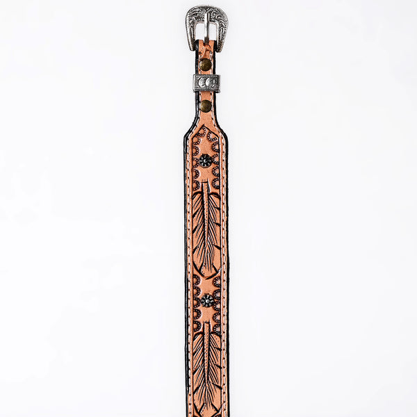 ADHTBR108 Tooled Natural Leather Western Hatband with Feather Pattern & Silver Buckle