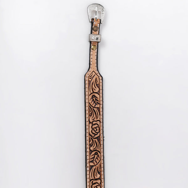 ADHTBR110 Floral Hand Tooled Natural Leather Western Hatband with Engraved Silver Buckle