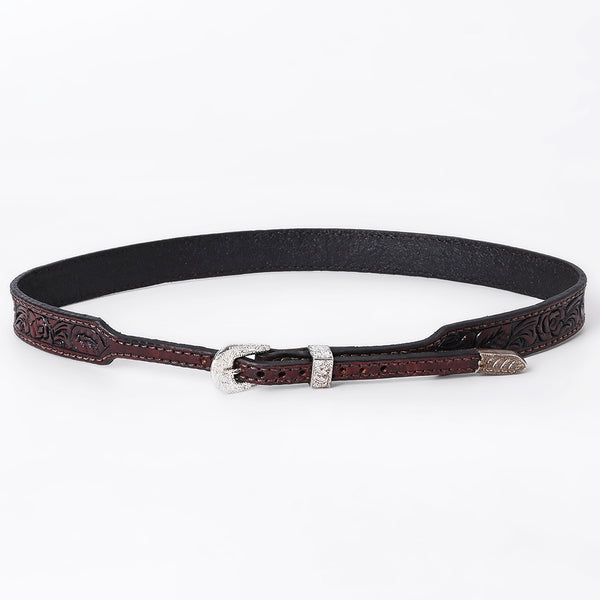 ADHTBR111 Dark Brown Tooled Leather Western Hatband with Floral Design & Silver Buckle