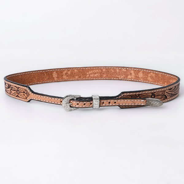 ADHTBR112 Natural Tooled Leather Western Hatband with Floral Design & Silver Buckle Set