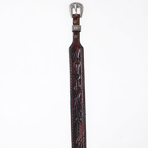 ADHTBR113 Dark Brown Tooled Leather Western Hatband with Floral Design & Silver Buckle Set