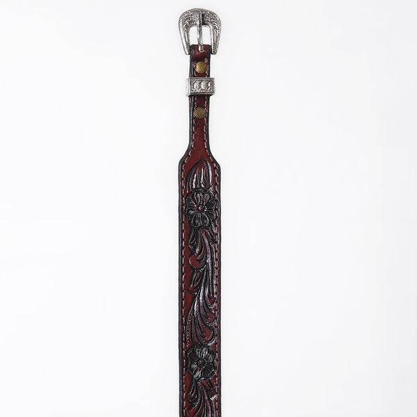 ADHTBR115 Deep Tooled Dark Brown Leather Western Hatband with Silver Buckle & Floral Detail