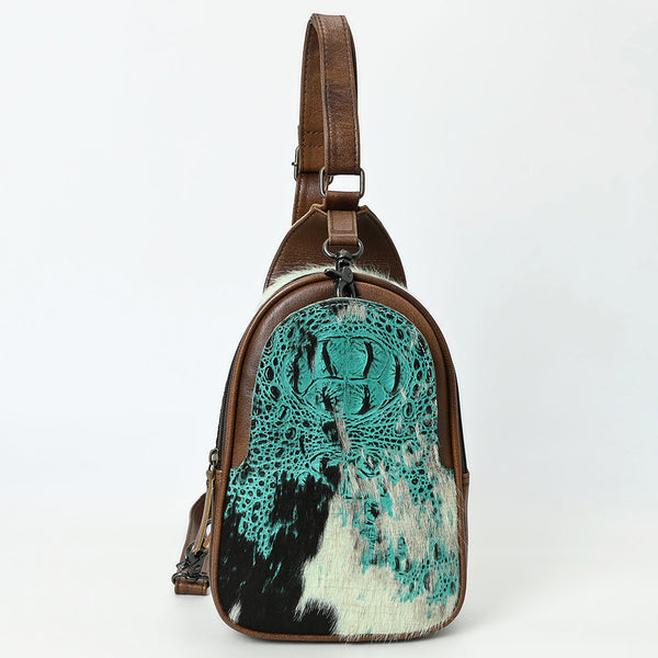 ADBG1538 American Darling Western Leather Sling Bag with Crocodile Embossed Detailing Genuine Hair-on cowhide Leather