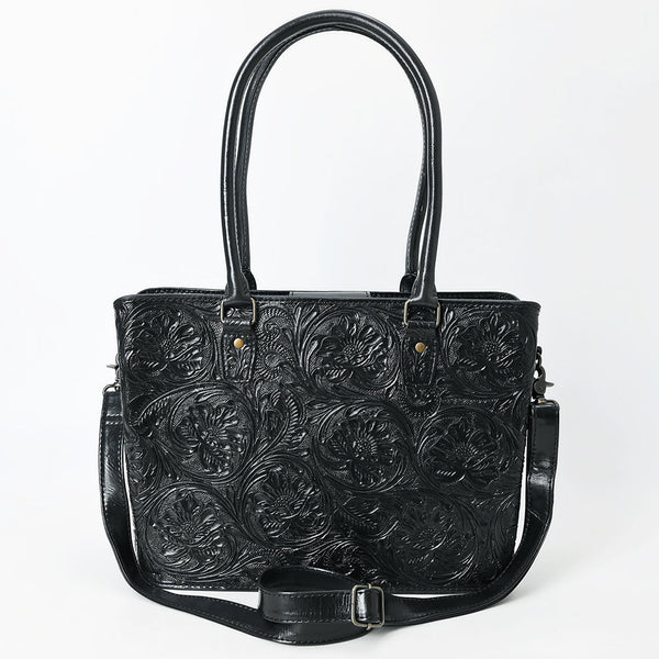 ADBG1539 American Darling Black Western Leather Tote Bag with Hand-Tooled Floral Design Genuine Leather