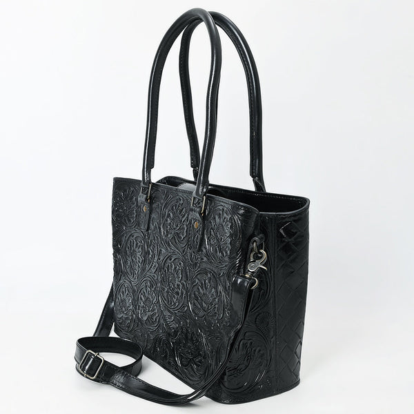 ADBG1539 American Darling Black Western Leather Tote Bag with Hand-Tooled Floral Design Genuine Leather