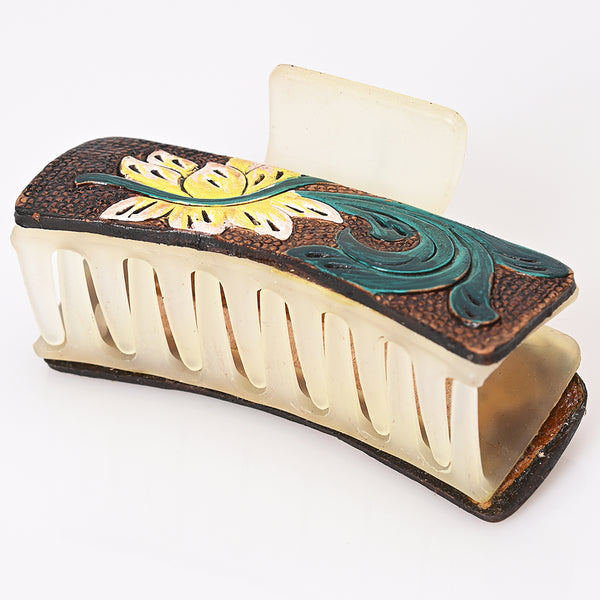 ADHC146 Western Hand-Tooled Leather Hair Band Clip Clutcher with Yellow Flower & Green Scroll
