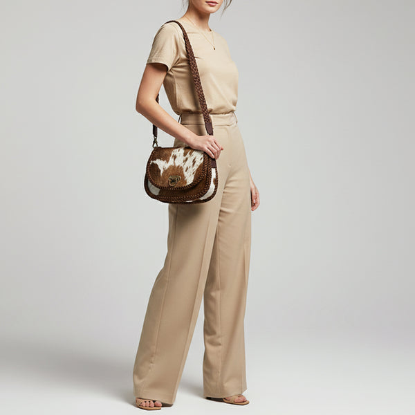 ADBGM456 Hair-On Cowhide Leather Crossbody Bag - Western Braided Strap Saddle Style