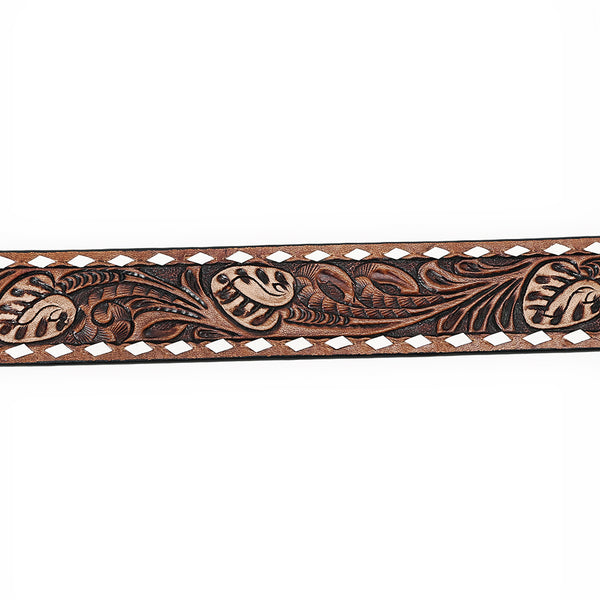 ADBLF264 Bull Skull Tooled Leather Belt with Whipstitch Edge and Matching Buckle
