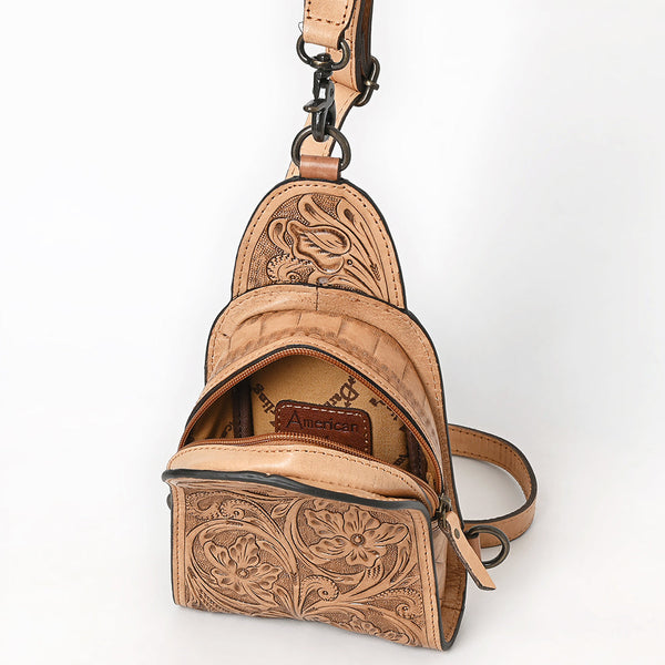 ADBG1542 American Darling Western Leather Sling Bag with Hand-Tooled Floral Design Genuine Vegetable-Tanned Leather