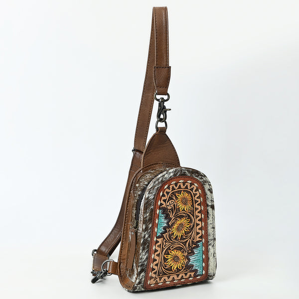 ADBG1543 American Darling Handcrafted Western Leather Sling Bag with Hair-On Cowhide & Hand-Tooled Details