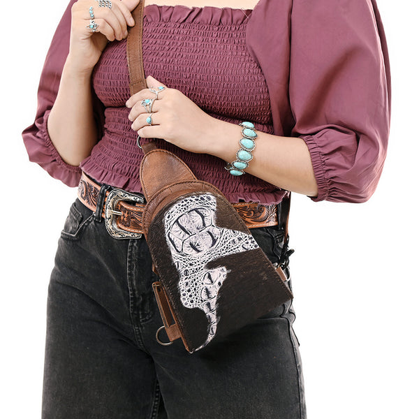 ADBG1544 American Darling Western Leather Sling Bag Hair-On Cowhide Crocodile Embossed Detailing