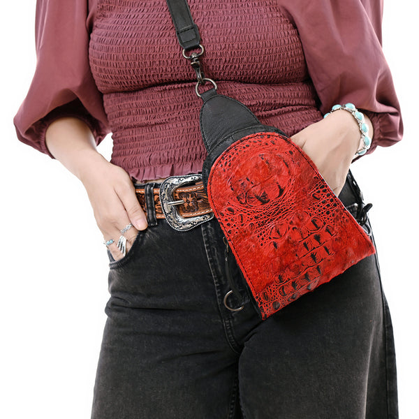 ADBG1544 American Darling Western Leather Sling Bag Hair-On Cowhide Crocodile Embossed Detailing