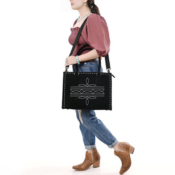 ADBG1553 American Darling Western Genuine Suede Leather Tote Bag with Buck Stitching | Handcrafted Everyday Tote