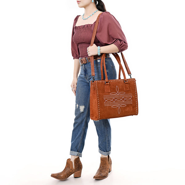 ADBG1553 American Darling Western Genuine Suede Leather Tote Bag with Buck Stitching | Handcrafted Everyday Tote
