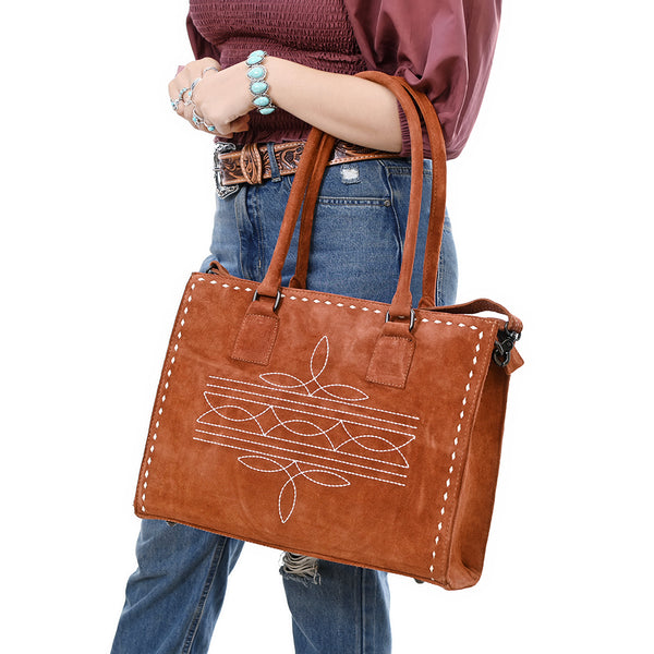 ADBG1553 American Darling Western Genuine Suede Leather Tote Bag with Buck Stitching | Handcrafted Everyday Tote