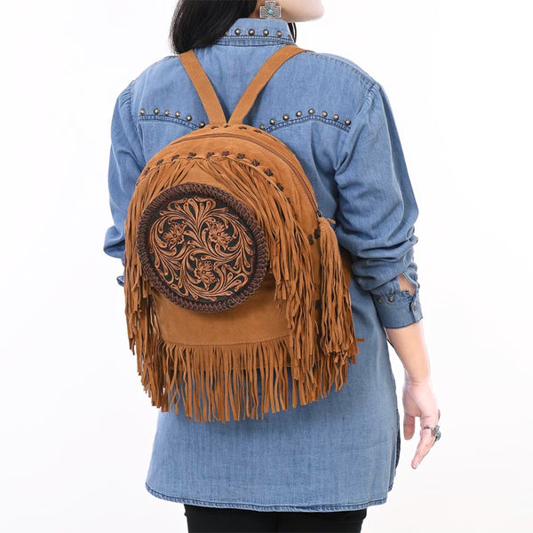 ADBGA616 American Darling Hand Tooled Floral Carved Genuine Leather Fringe Backpack