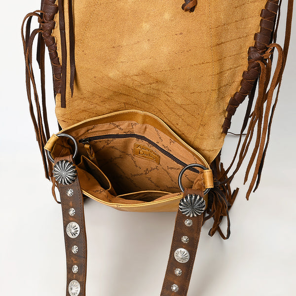 ADBGM468 Western Leather Fringe Messenger Bag - Concho & Turquoise Medallion Design