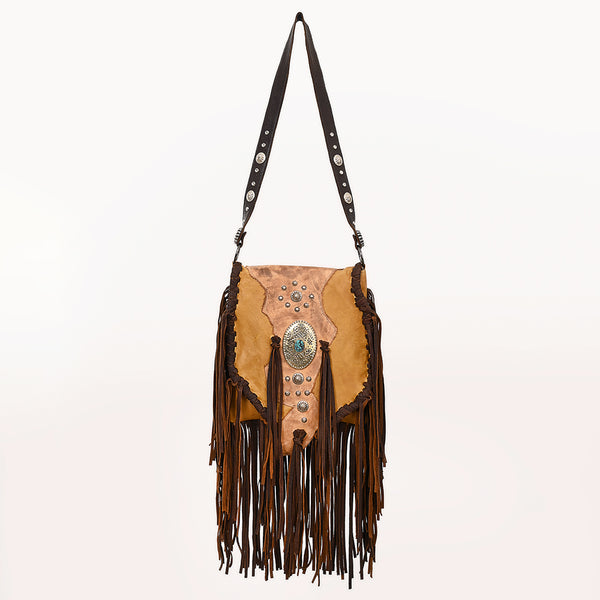 ADBGM469 Western Fringe Leather Messenger Bag - Scalloped Flap with Conchos & Turquoise Center