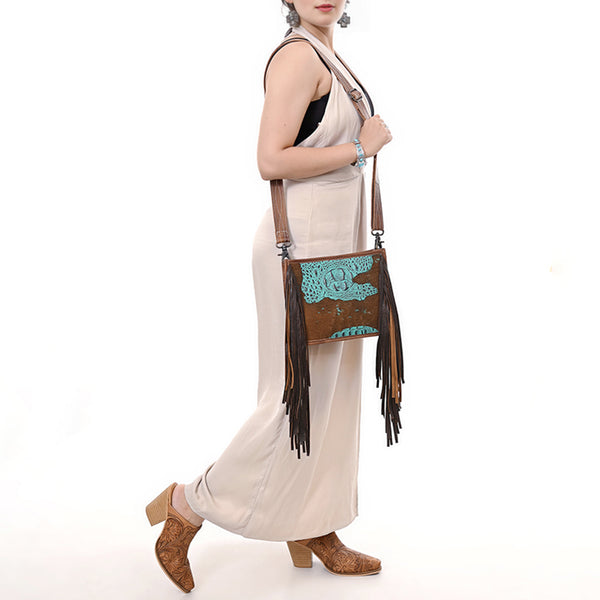 ADBG1565 American Darling Western Leather Crossbody Bag with Fringe & Croc Embossed Detailing