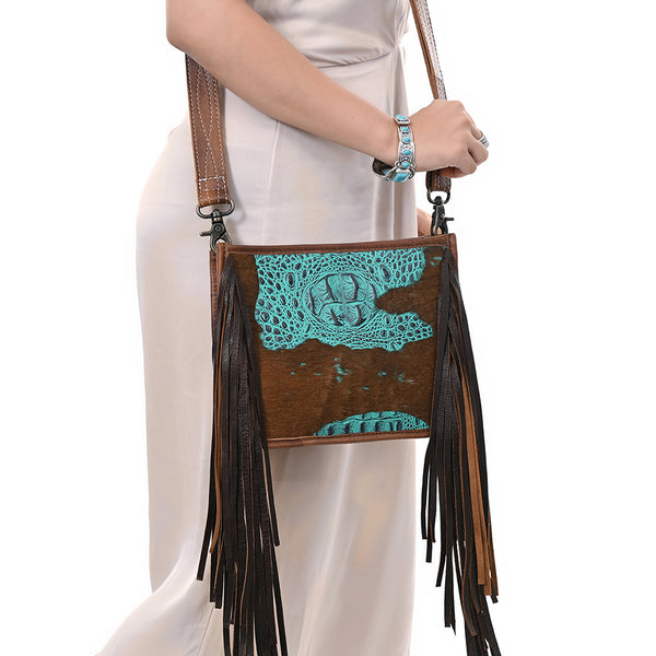 ADBG1565 American Darling Western Leather Crossbody Bag with Fringe & Croc Embossed Detailing