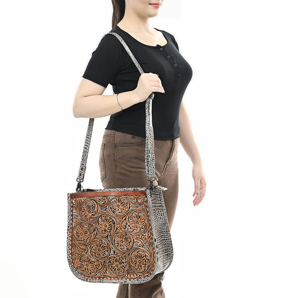 ADBG1566 American Darling Western Leather Crossbody Bag with Hand Tooled Floral Carving