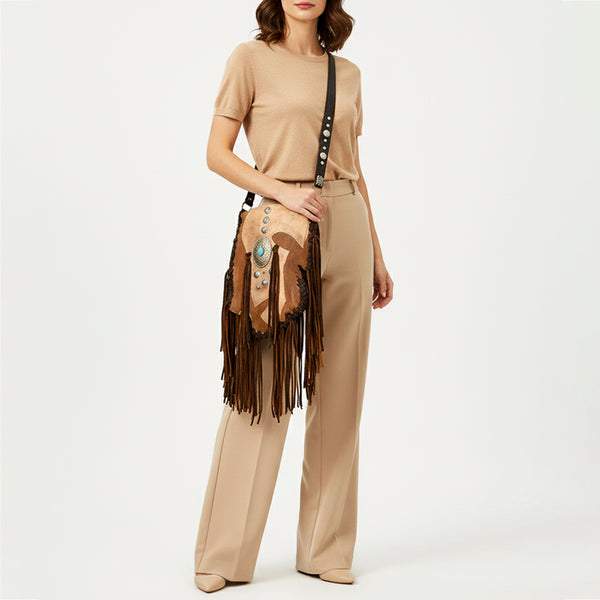 ADBGM471 Western Fringe Leather Messenger - Sculpted Flap with Turquoise Medallion & Concho Accents