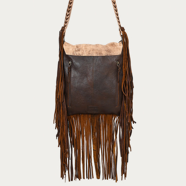 ADBGM472 Western Boho Leather Fringe Messenger Bag - Distressed Flap with Hand-Laced Detailing