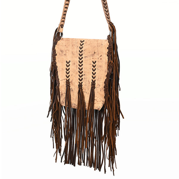 ADBGM472 Western Boho Leather Fringe Messenger Bag - Distressed Flap with Hand-Laced Detailing