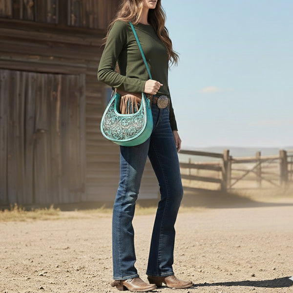 ADBGZ878 Half-Moon Hand-Tooled Leather Crossbody Bag - American Darling