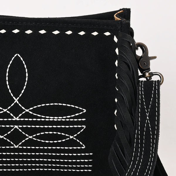ADBG1572A American Darling Black Genuine Suede Leather Crossbody Bag with Fringe & Buck Stitch Detailing