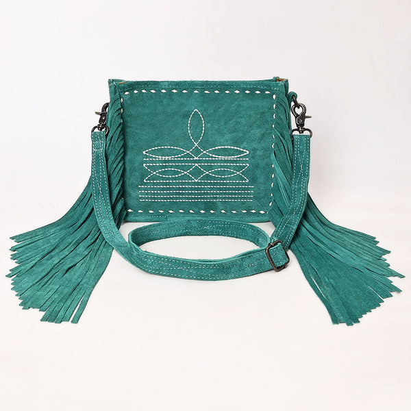 ADBG1572 American Darling Western Genuine Suede Leather Crossbody Bag with Fringe & Buck Stitch Detailing