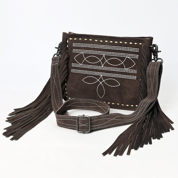 ADBG1572 American Darling Western Genuine Suede Leather Crossbody Bag with Fringe & Buck Stitch Detailing